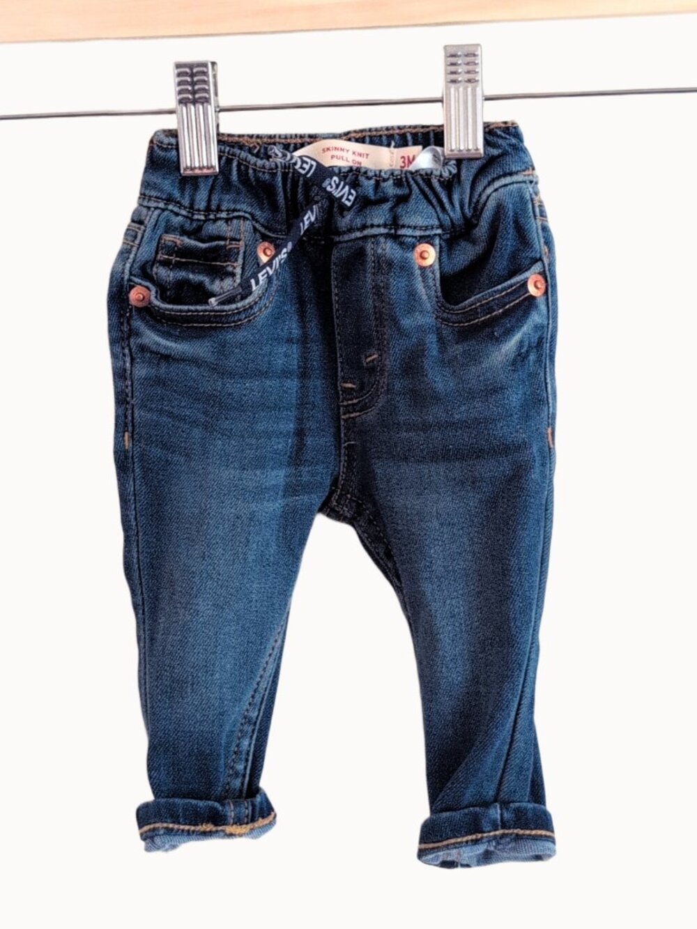 LEVI'S Baby Skinny Knit Pull-On Jeans Size 3 Months 3M Pants Unisex Blue Roll-Up